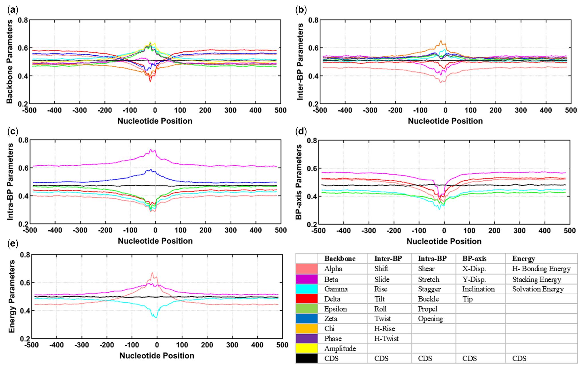 Fig. 2. Normalized values of 31 structural and energy parameters of 1001-nt long sequences having primary promoters (coloured lines) as well as sequences with no promoters i.e. CDSs (black line). Parameters are shown in five graph based on their respective group. (a) Nine parameters of backbone, (b) eight inter-BP parameters, (c) six intra-BP parameters, (d) five BP-axis parameters and (e) three energy parameters. In each graph, each colour line plot represents specific parameter based on legend table, while line plot in black colour represents average of parameters shown in that group for coding sequence. (Color version of this figure is available at Bioinformatics online.) 