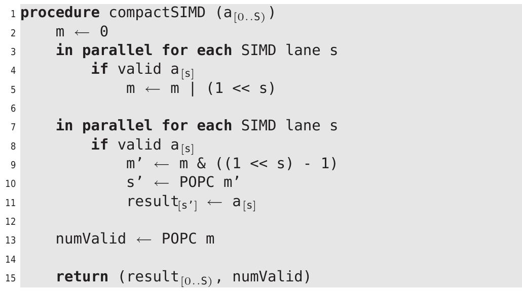 Listing 6: Implementation of compactSIMD using a population count. The variable m must be large enough to store S bits. Setting m, on line 5, assumes that the architec- ture allows simultaneous setting of bits. This is not always the case, and a workaround is described in Section 4.2.  Assuming POPC is present in the native SIMD instruction set, the log S steps required by the SIMD prefix sum can be avoided. The architecture must also support a word size of S bits. Listing 6 shows the new compactSIMD procedure. 