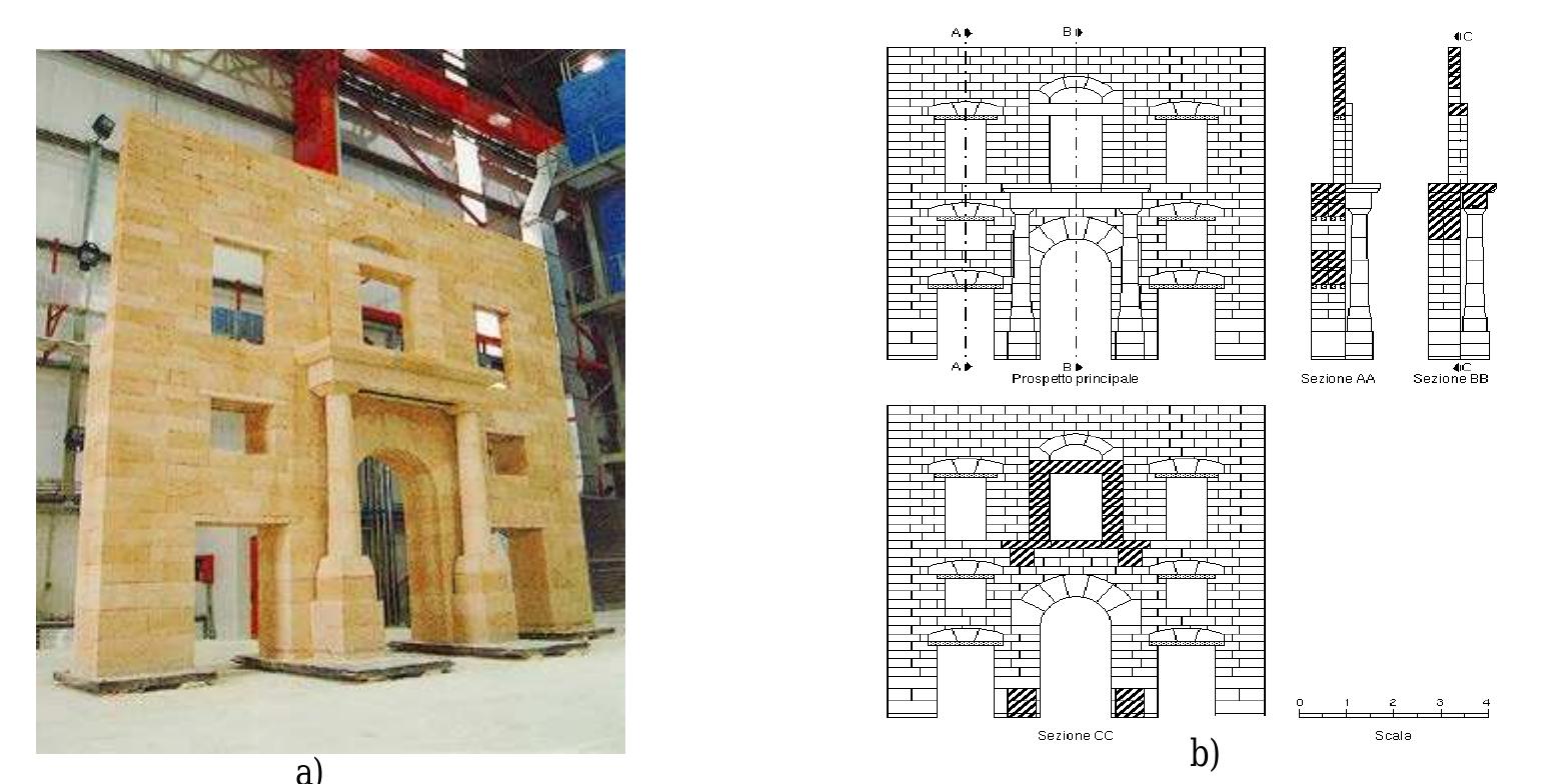 baa A  Figure B.1 (a) The original 1:2 scale model of the Palazzo Geraci facade built at the ELSA Laboratory, in Ispra. (b) Front prospect and sections of the original model. 