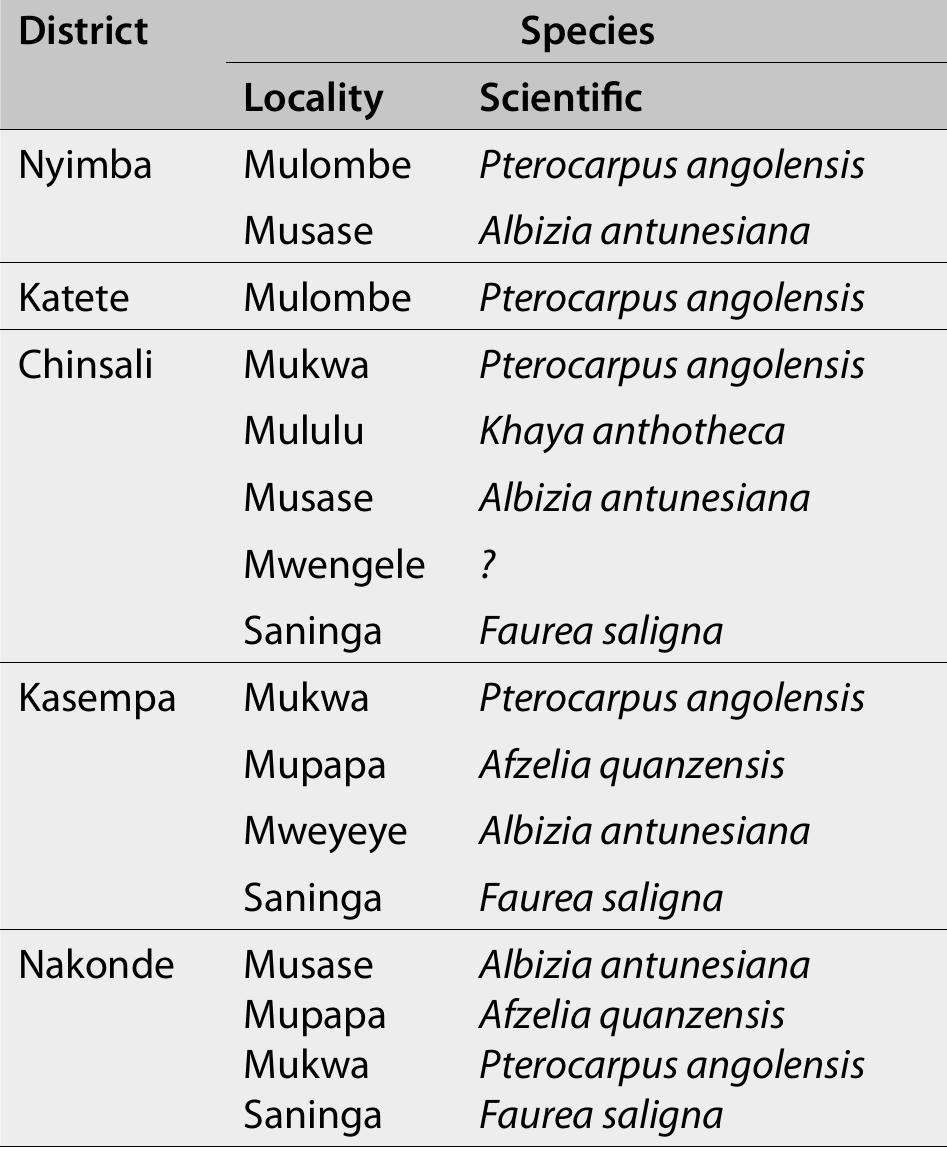 Source: Data from current scoping study  Table 23. Tree species extracted for timber 