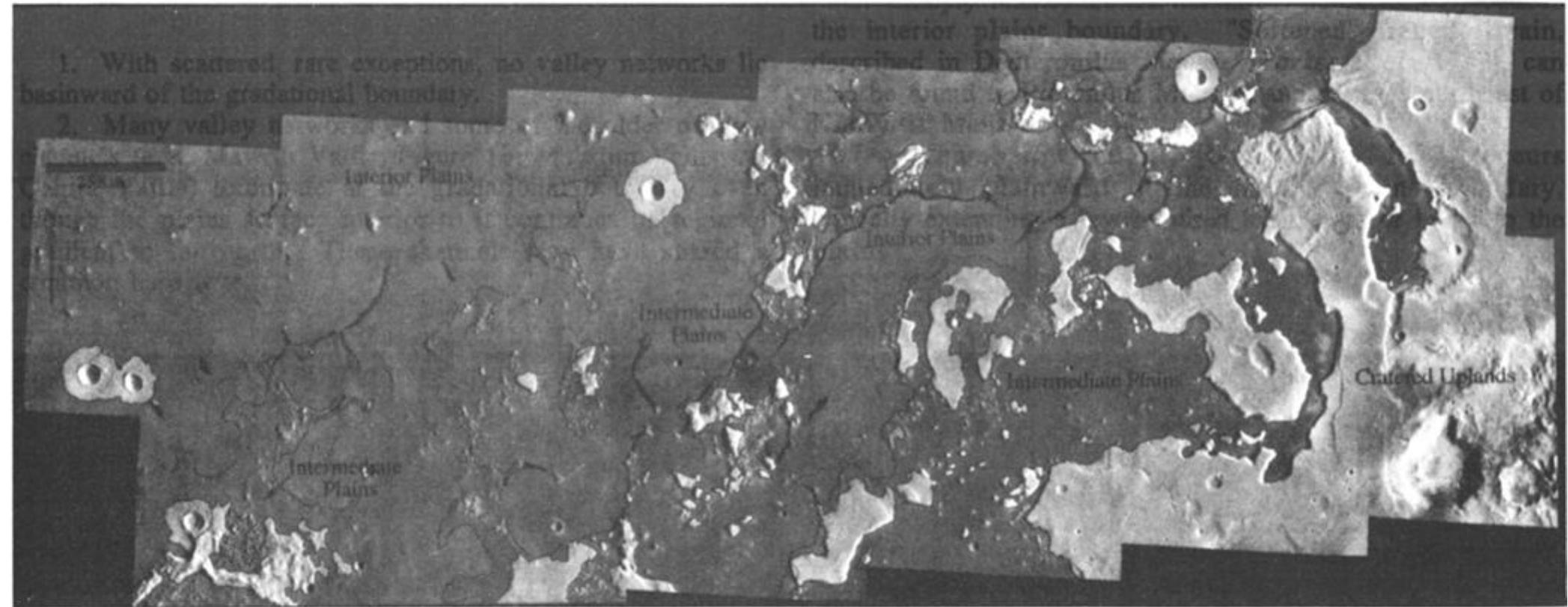 Fig. 3a. High resolution Viking Orbiter image mosaic and map of southwest Cydonia Mensae region (centered at 32° latitude, 17° longitude). Cratered upland surfaces and large, fresh impact craters are coded with light tone; gradational boundary and arcuate plains boundaries (both albedo boundaries and sharp breaks in slope) are delineated with solid black lines; curvilinear ridges are dark gray. Viking Orbiter images 227s04-15. 