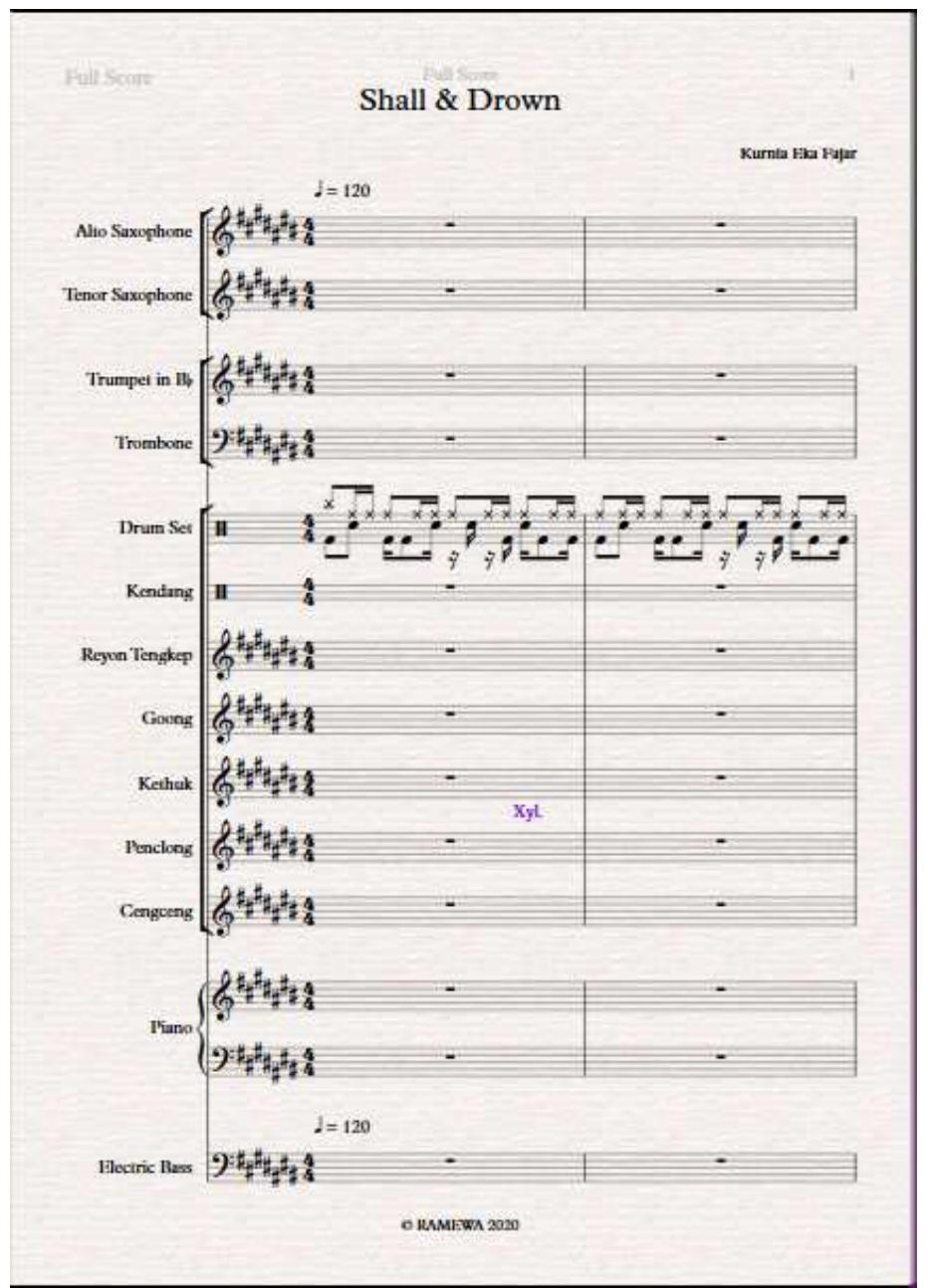 Fig. 8. Notation sheet in pdf file form (photo: private collection)  In addition to being converted into sibelius display form, physical display form files can be converted into pdf files so that they can be printed into physical forms of paper. The notation sheet in pdf file form like a figure bellow. 