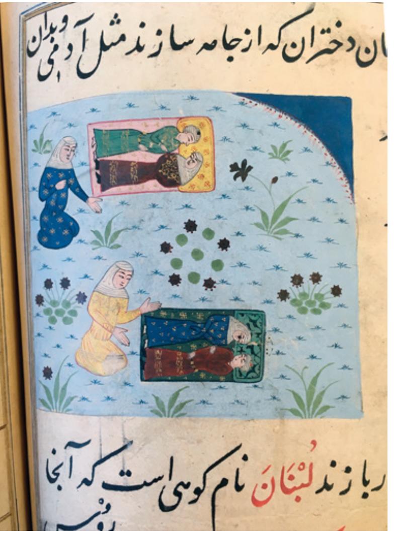 Fig. 20. Dolls (/ahfatan). Miftah al-Fuzala’ of Shadiyabadi, Mandu, ca. 1490. Painted surface: 7.5 x 8 cm, BL Or 3299,  f. 259b. (Photo: Courtesy of the British Library)  Illustrations germane to a younger age group include images of figures playing with toys. The Miftah contains two illustrated definitions of dolls, two yo-yos, one spin- ning top, a hobbyhorse, and a swing (figs. 13, 14).84 While such pleasures are not necessarily exclusive to youth, the dolls are rather explicit examples. In the illustrated definition of badajan (“dolls”), we see a young girl put- ting her three dolls to bed on a carpet (fig. 19). The defi- nition of lahfatdn, a synonym for dolls, multiplies the illustration of the badajan, showing two veiled girls put- ting their male and female dolls to bed on a carpet and pillow (fig. 20).85 We can imagine these illustrations be- ing used to teach young learners the names of play- things. Adults can appreciate these illustrated definitions of toys as well, but their peculiar recurrences in the 