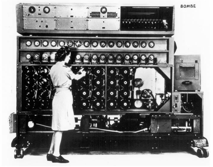 Figure 1: An operator setting up the wheels on a US Navy bombe. Source: NSA  cally accurate speed. The simulator will be made available to the public. 