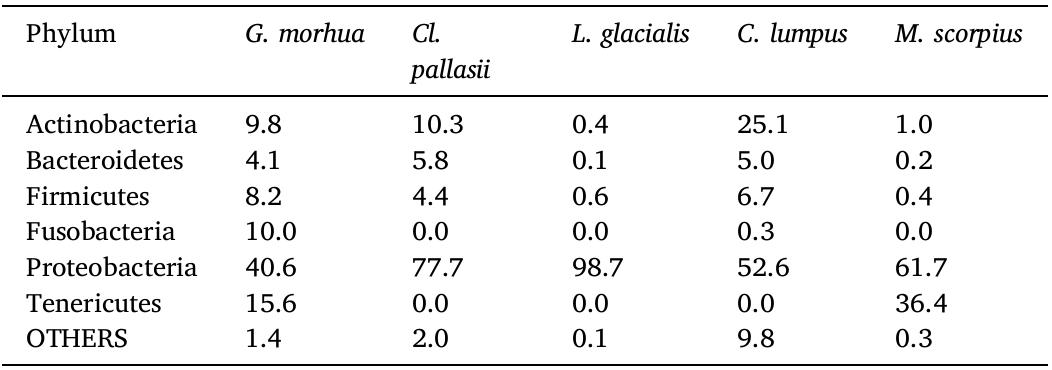 Taxonomic structure of prokaryotic communities at the phylum level from the gut microbiome of the White Sea fishes. Abundance of phyla was calculated as the percentage of 16S rRNA gene reads in each dataset.  and the Propionibacterium genera were presented in all the datasets, but in the L. glacialis glacialis and the M. scorpius datasets the fraction of their reads was very low (Fig. 1). In the G. morhua marisalbi and the M. scorpius datasets high number of reads corresponded to the tenericute Mycoplasma was observed (Fig. 1). Although, total number of reads corresponded to Bacteroidetes, Fusobacteria, Firmicutes, and Fusobac- teria was high in some datasets (Table 2, Fig. 1), only traces of reads corresponded to each individual families and genera were indicated  (Fig. 1). 
