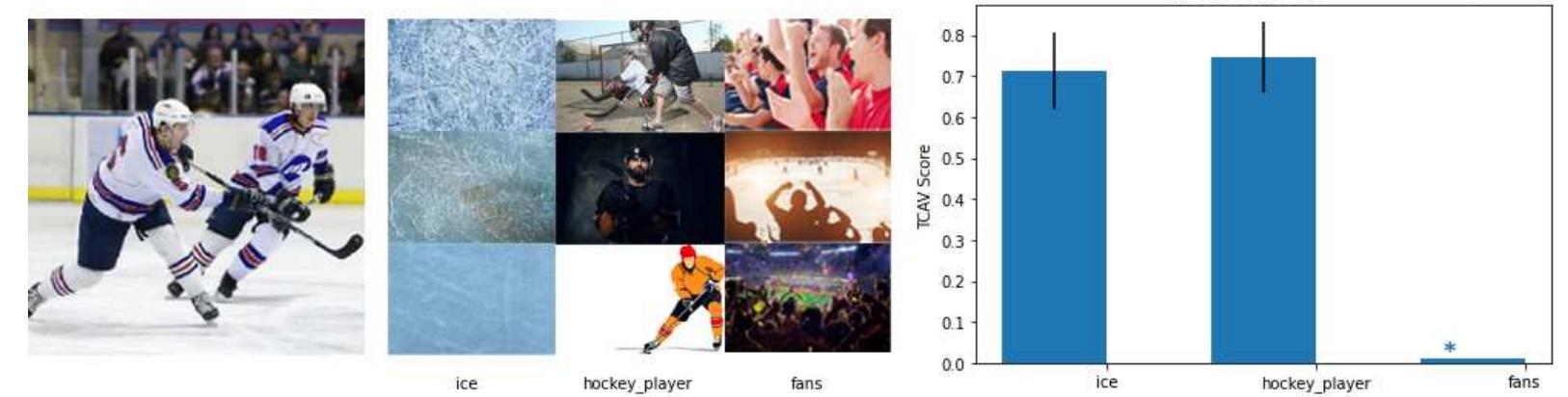 Fig. 12: TCAV scores for three concepts: ice, Hockey player, and cheering people (fans) for the class puck of imagenet. On the left the query image; on the center some sample of the image tested in TCAV as concepts, and on the right the histogram of the scores with errors. The hockey players has been classified as a puck, but the saliency maps are very different alongside methods. Here we can  see that the ice and the hockey players are important concepts, while the background fans are not significant. 