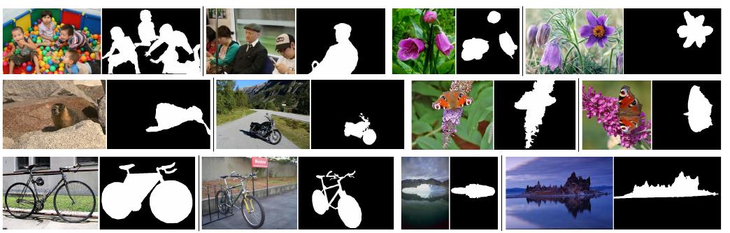 Fig. 8. Examples for annotation inconsistency. Each row shows twc exemplar image pairs. See §6.2 for more detailed descriptions.  The first improvement of SOD annotation quality is to replace the bounding-boxes with pixel-wise masks for denoting the salient objects [30], [121], which greatly boost the performance of SOD models. In view of this, almost all the modern SOD datasets have been annotated with pixel- level labels. However, the labeling precisions may be dif- ferent across different samples. For example, The precision for the bicycle in Fig. 8 are obviously different. There has no comprehensive study about the relation between label quality and model performance for SOD. A similar research regarding pixel-level labeling quality of semantic segmenta- tion [150] has shown that a large number of coarse-labeled data can reach the performance of smaller number of fine- labeled data, and that pre-training with coarse labels then fine-tuning with a small number of fine labels is competitive with training with a large number of fine labels. Though some works have shown the importance of high-quality labels [120], [151], more in-depth study is in demand for SOD model training and dataset construction. 