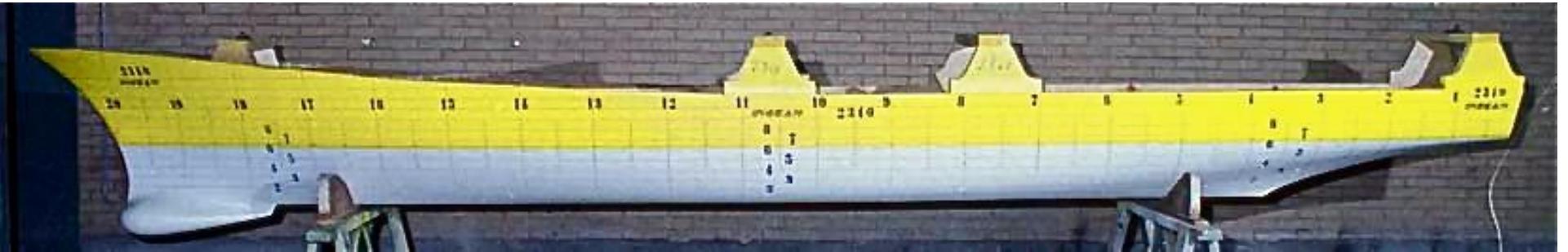 Fig. 2: A 5.720 m length model of the DTMB 5415 (CNR-INSEAN model 2340)  Fig. 2 shows the geometry of a 5.720 m length DTMB 5415 model used for towing tank experiments, as seen at CNR-INSEAN, Stern et al. (2000). The main particulars of the full scale model and tests conditions are summarized in Tables I and II, respectively. 