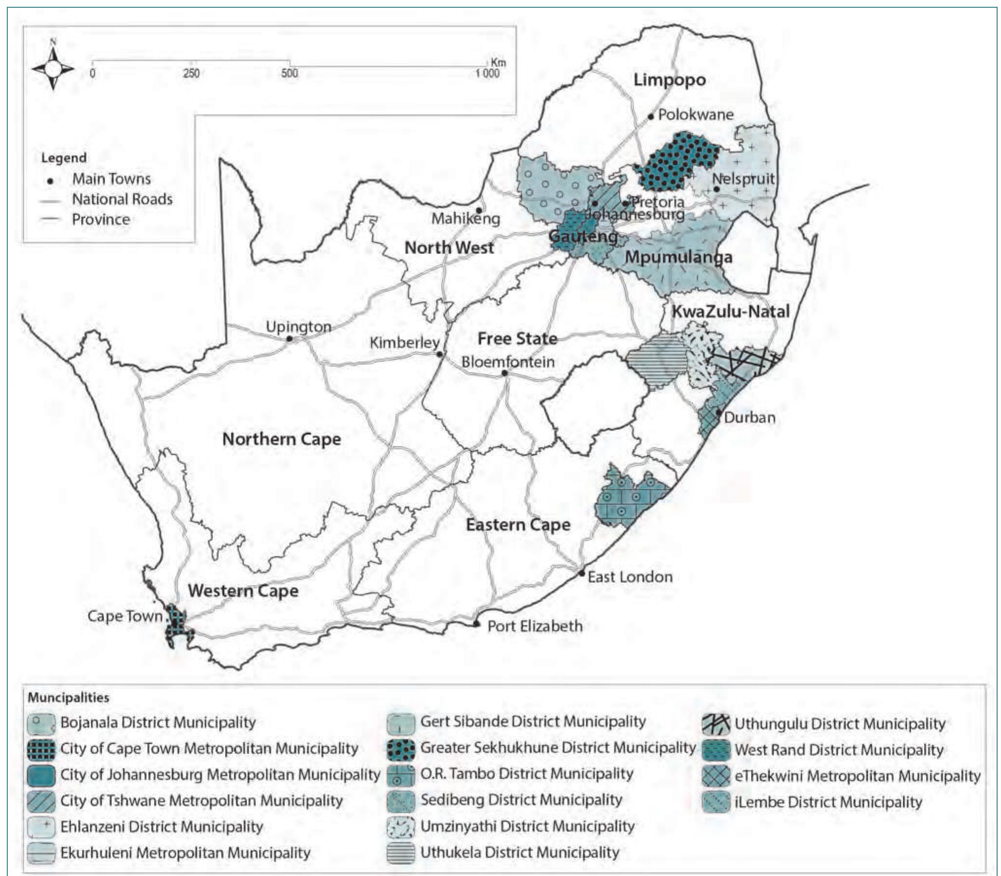Figure 2.7: Map showing 16 districts with district-level estimates, South Africa, 2017 