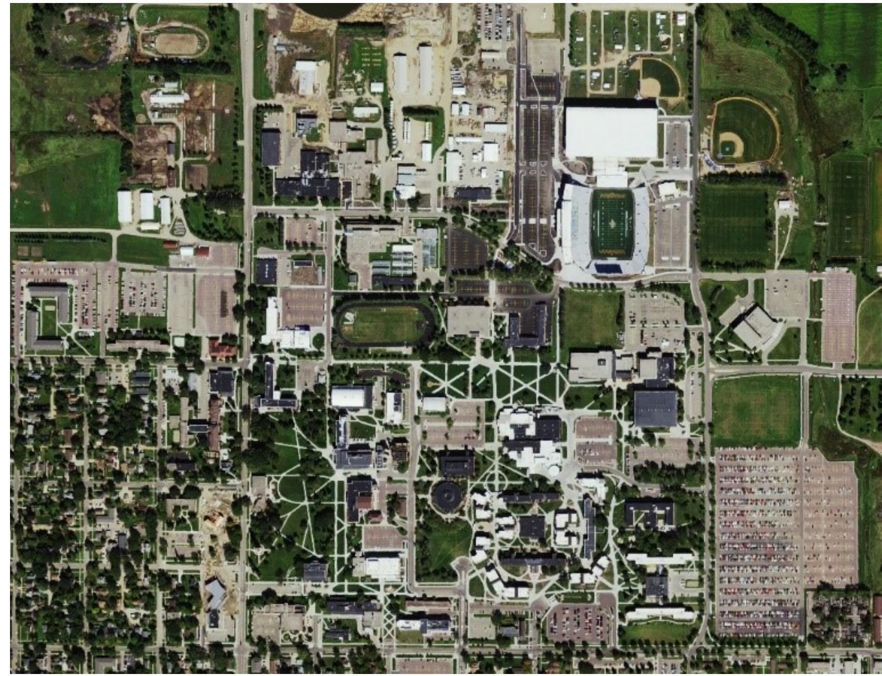 Figure 2. High-resolution orthoimage of South Dakota State Campus.  technology and field methods used to collect sound data, classify it by source, and  smartphone app (SPA) and a digital noise meter (DNM). This section also describes the 