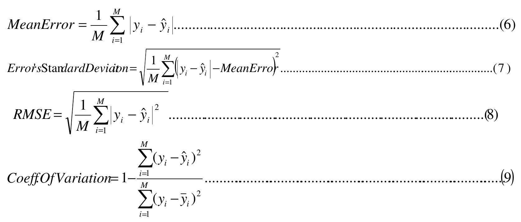 Analysis of Mean prediction error, error’s standard deviation, root mean square error (RMSE) and coefficient of variation( measure of how well the fitted curve represents the data) , for tuned  COST-231Hata and original COST-231Hata model have been done using (6), (7), (8) and (9) as shown in Table II.  where }, denotes the predicted value of data y,, y, is the mean of measured data and M is the number of observations taken. 