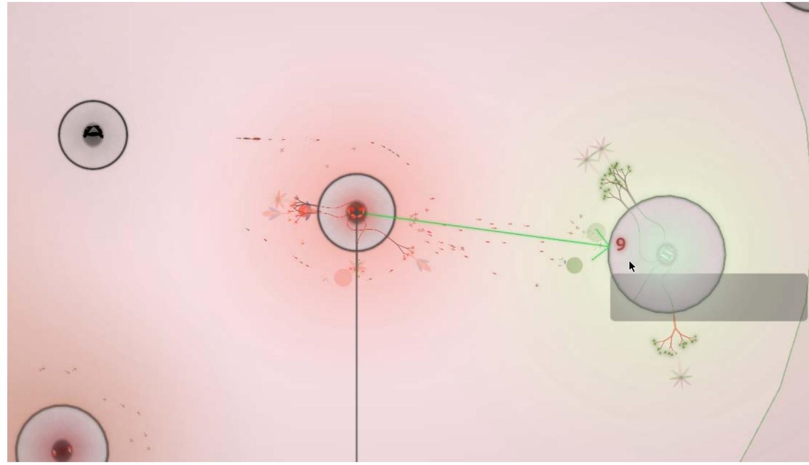 Figure 1 (below) shows a snapshot of a naturally-occurring interactional moment of  gameplay from Level 13: The Stand [You can view  he audio-visual da  a file in its  entirety at http://youtu.be/IRMXTOhkKDw]. In this example, the player controlled only the center pink asteroid and was in the process of exploring nearby aster  swarm of enemy units emerged from the right side of t green asteroid rich with resources [time = 0:37].” After  force whittling down the green asteroid’s defenses, the p to attack the green asteroid [time = 1:05] and a fight en  he screen and attac  sued. A moment la  oids when a ked a vacant  he enemy expended much of its ayer commanded all of his units  er, a second  group of enemy units appeared [time = 1:18] and headed towards the player’s only  controlled asteroid [time = 1:28]. The player command  ed all his units to return to the  center asteroid [time = 1:31]. However (as Figure 1 shows), the swarm of enemy units  bypassed the pink asteroid en route to a grey asteroid on  he left side of the screen and the  player subsequently ordered all of his units return to their original task of attacking/colonizing the green asteroid [time = 1:38]. What can an interactionist theory of  social action tell us about this moment of play? 