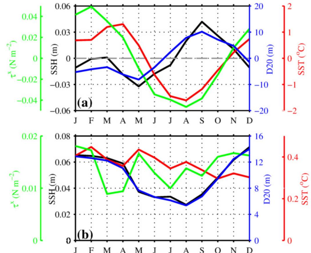 Fig. 2. (a) Seasonal variation of zonal wind stress (green line, N- m7“), sea surface height (black line, m), D20 (blue line, m), and SST (red line, °C) averaged over the SCTR region. (b) Standard deviations of interannual anomalies averaged over the SCTR region. 