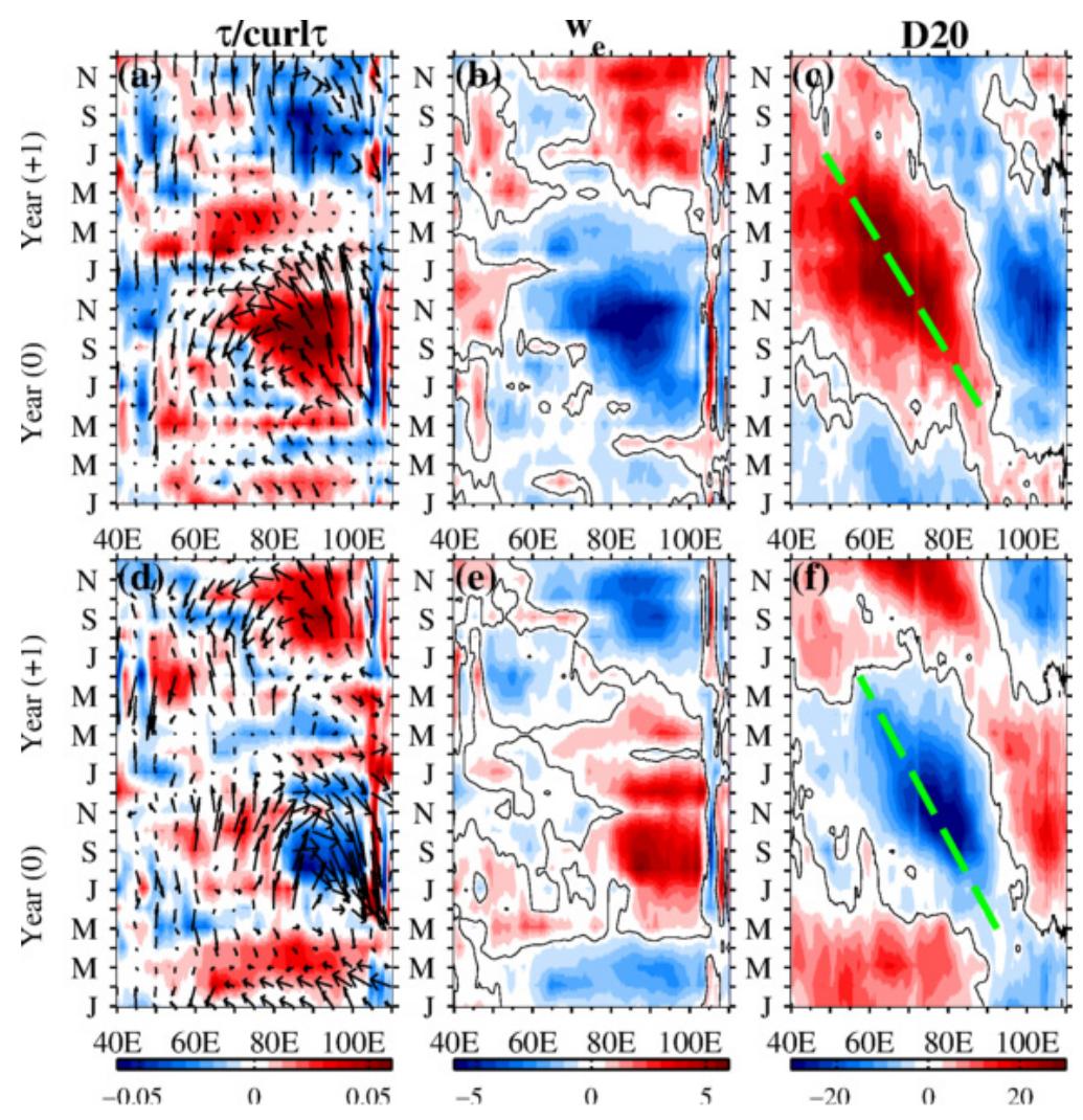 Fig. 3. Composite means of interannual anomalies of (a) wind stress curl (color shading, N-m73) and wind stress (vectors, N- m72). (b) Ekman pumping (x 10-6 m. s}), and (c) D20 (m) during PIOD events. (d)-(f) Corresponding results during NIOD events. Green lines in (c) and (f) mark the Rossby first baroclinic wave propagation speeds. IOD event years  (year 0) and the year following the IOD events (year +1) are shown. All variables are averaged over 5°S—10°S. 