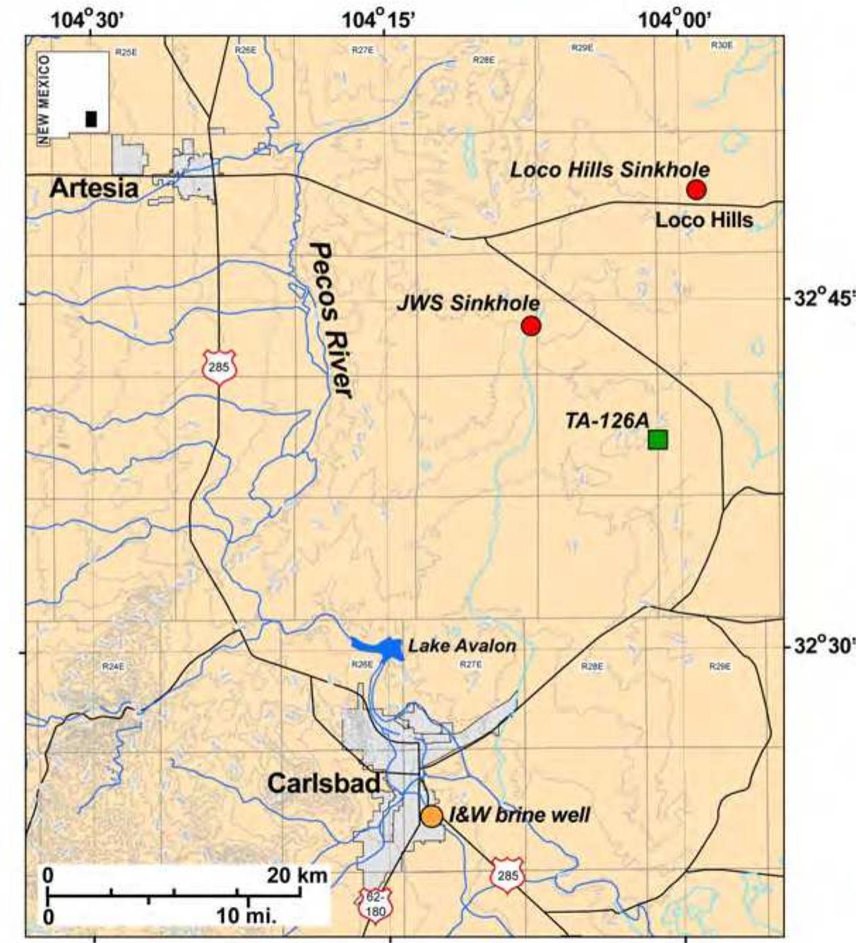 Figure 1. Map of sinkhole and brine well locations in Eddy County, New Mexico.  Unlike the JWS and Loco Hills sinkholes, which are located in relatively remote areas in northern Eddy County, the I&W operation is sited in a more densely populated area within the city of Carlsbad near the BN&SF rail line and the intersection of two major highways known as the “South Y” (Figure 2). The Carlsbad Irrigation District (CID) South Canal is about 50 m south of the Eugenie #1 wellhead, and the immediate area also includes a feed store, truck stop, mobile home park, and Jehovah’s Witness church. A catastrophic collapse in this area would inflict extensive damage to individual property and civic infra- structure. 