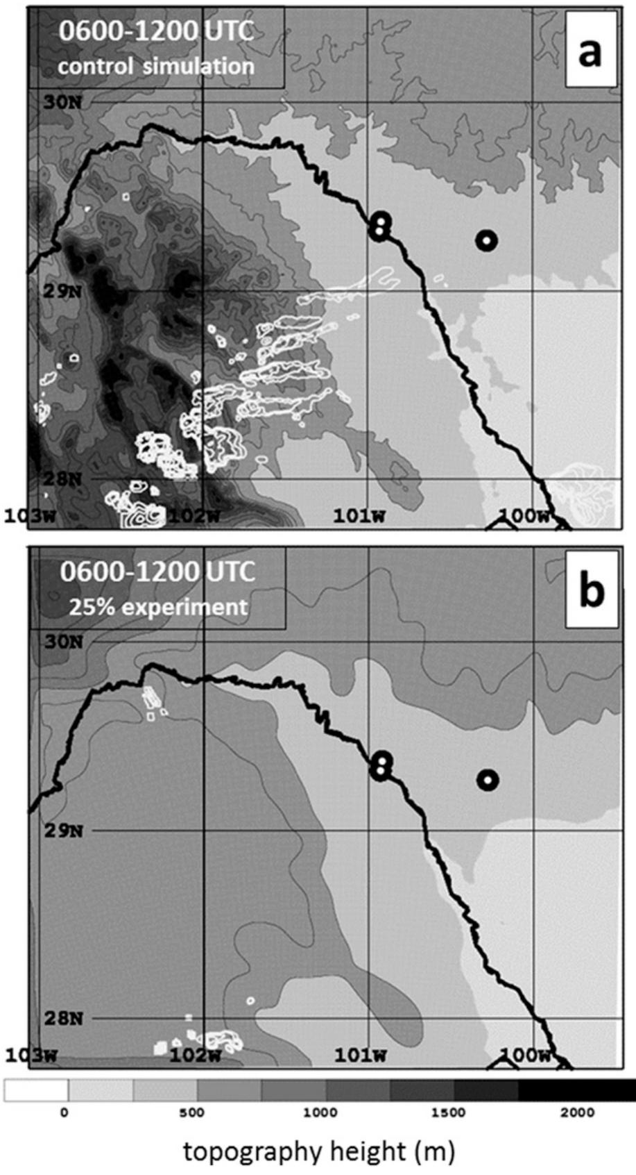Fic. 14. Cumulative radar reflectivity swaths (white contours, every 10 dBZ) from 0600 to 1200 UTC 25 May 2015 for (a) control simulation with 100% topography and (b) experiment with 25% topography. Gray shading indicates topography height (m). 