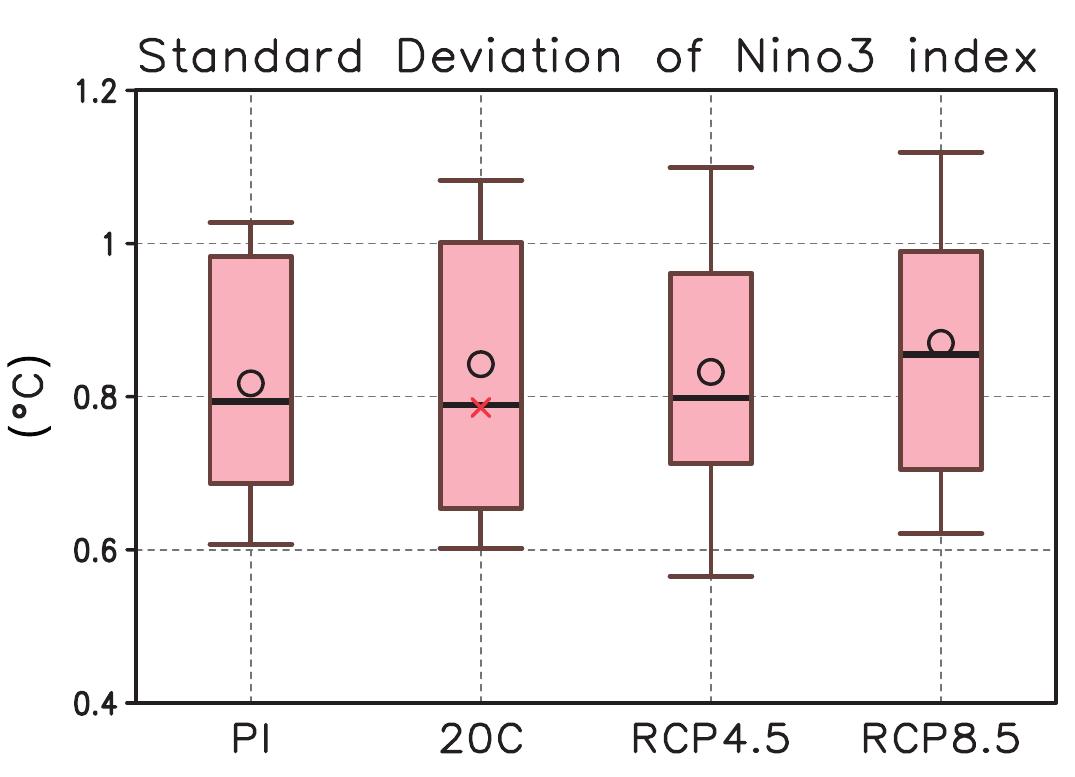 Figure 14.14 | Standard deviation in CMIP5 multi-model ensembles of sea surface temperature variability over the eastern equatorial Pacific Ocean (Nino3 region: 5°S- 5°N, 150°W-90°W), a measure of El Nino amplitude, for the pre-industrial (PI) control and 20th century (20C) simulations, and 21st century projections using RCP4.5 and RCP8.5. Thirty-one models are used for the ensemble average. Open circles indicate multi-model ensemble means, and the red cross symbol is the observed standard devia- tion for January 1870 — December 2011 obtained from HadlSSTv1. The linear trend and climatological mean of seasonal cycle have been removed. Box-whisker plots show the 16th, 25th, 50th, 75th, and 84th percentiles.  not significantly distinguished from natural modulations (Stevenson, 2012; Figure 14.14). Because the change in tropical mean conditions (especially the zonal gradient) in a warming climate is model depend- ent (Section 14.4.1), changes in ENSO intensity for the 21st century (Solomon and Newman, 2011; Hu et al., 2012a) are uncertain (Figure 14.14). Future changes in ENSO depend on competing changes in cou- pled ocean—atmospheric feedback (Philip and Van Oldenborgh, 2006; Collins et al., 2010; Vecchi and Wittenberg, 2010), and on the dynami- cal regime a given model is in. There is high confidence, however, that ENSO will remain the dominant mode of natural climate variability in the 21st century (Collins et al., 2010; Guilyardi et al. 2012; Kim and Yu 2012; Stevenson 2012).  