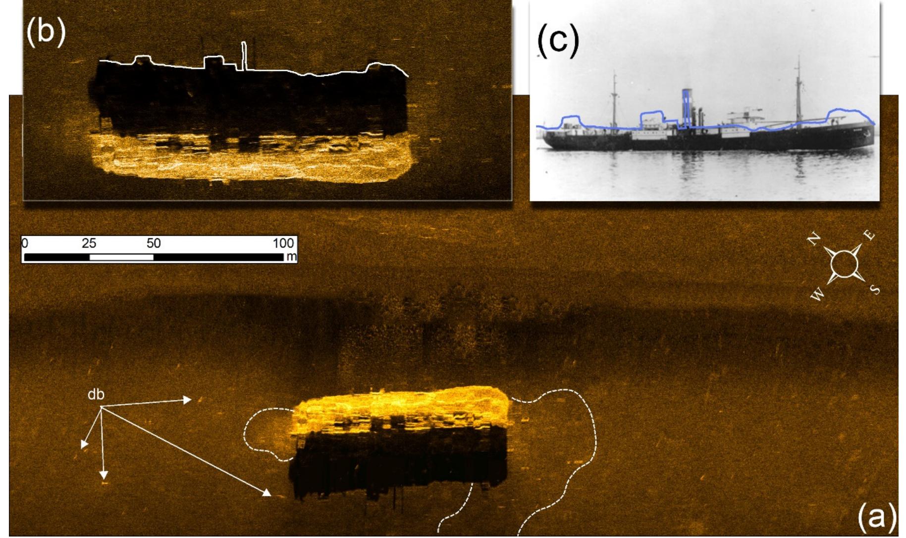 Figure 5. (a) SS Mars shipwreck as depicted by the side scan sonar (db: wreck debris); (b,c) comparison of the silhouette of the ship based on acoustic shadow in the side scan sonar record and a historic photo. 