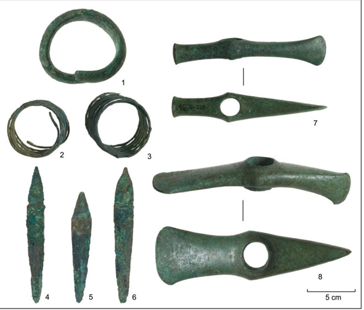 Figure 5. Copper artefacts from the cemetery. 1: bracelet from F225/8237; 2-3. spiral bracelets from F226/8335; 4-6: daggers from F140/S152 (4), F141/8153 (5), and F145/8157 (6); 7: Siria-type  hammer axe from F201/8328; 8: Jaszladany-type axe-adze from F218/S230. Photographs by per- mission of K. Kozma. 