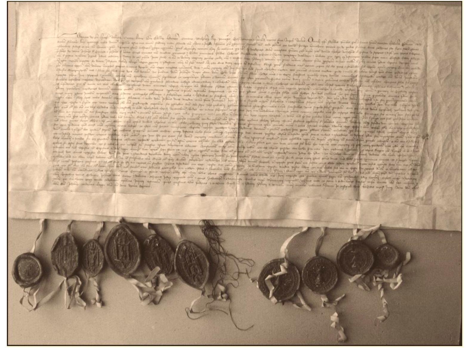Figure 1. The diploma issued by Louis the Great (1342-1382) and certain chief dignitaries, strengthening the king’s authority over Raguza/Dubrovnik and, together with the envoys of the city, determining the city’s obligations and privileges. The king gained authority over Raguza, according to the 18 February 1358 Treaty of Zadar. Visegrad, 27 May 1358. DrZavni arhiv Dubrovnik, 7. 3. Diplomata et acta 14. st., pp. 34. (Lévei and Takacs 2014, p. 132).  Figure 1. The diploma issued by Louis the Great (1342-1382) and certain chief dignitaries, strengthening  The Bebeks gained significant influence in the region. Then, they were followed by three branches of the Perényi, and later the Rozgonyi family (Engel 1995). This resulted in a sharp increase in financial differences. One single great landholder could have authority over several thousand villein families. In the Sigismund era, barons received the “magnificus” title, while their sons were titled “egregius”. Barons were able to hold their title perpetually, but their sons could not inherit it. Thus, a process had begun, which drove a wedge between noblemen (Ftigedi 1970). 