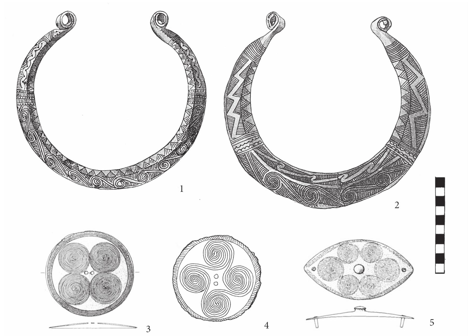 However, apart from the Wietenberg culture, there are also some other appealing analogies for the bronze finds from Bosnia with spiral motifs. Notably, there are finds from the Carpathian Basin, assigned to the Hajdusamson-Apa style, in particular axes and swords (David 2002, 401). Somewhat comparable with the finds from the Carpathian Basin are especially torcs from the Glasinac area with extensive decoration of the entire surface (“horror vacui”) and a similar selection of decorative elements (spiral, semi-circular arch, hatched triangle, dashed lines and hook-spiral). Yet, the possibility that the finds from the Glasinac area originate from the Carpathian Basin can almost certainly be ruled out. First of all, there is a significant chronological disparity between the Late Bronze Age burials in Glasinac (14"-13" century BC) and the bronzes of the Hajdusamson-Apa horizon, dating to the Early Bronze Age and the beginning of the Middle Bronze Age or the 17"-16" centuries BC (David 2002, 440). Secondly, torcs from tumuli graves in sites such as Mlad or Maravic represent a domestic jewellery type that does not occur among finds from the Carpathian Basin. On the other hand, it is clear that engraved ornaments are not common in the local environment of Eastern Bosnia (Benac and Covié 1956, pls. 30-32). Having in mind that thus far no analyses whatsoever have been conducted, it would be highly speculative to estimate the real background of the association between the non-domestic ornaments and the local bronze type. Nevertheless, it should be underlined that all above mentioned objects are generally regarded as parts of female attire, leaving the possibility that the new ornaments arrived as a result of intra-regional matrimonial  relations.  Fig, 2. Bronze objects with spiral decoration. 1. Mlad (Benac and Covié 1956); 2. Maravié (Benac and Covié 1956); 3. Kik-Nova Kasaba (Kénig 2004); 4. Simanovei (Momosmh 1975); 5. Laiva (Konig 2004). 