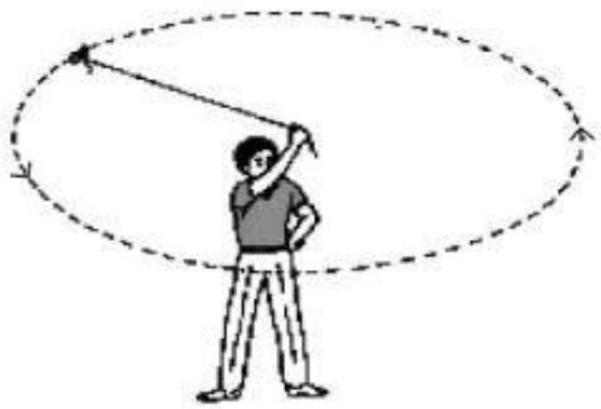 Figure A. 4: A stone whirled in a horizontal plane attached to an inelastic string  MCQ315). One end of an inelastic string is attached to a stone. The string is rotated in a horizontal plane of increasing velocity, retaining the other end, as shown in Figure A. 4. At any speed, it breaks because: 