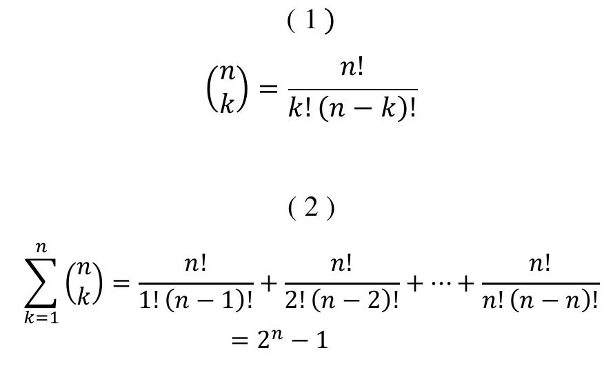 Next, all nonsubsequent elements are separated with an asterisk (“*’’). All patterns generated this way are used to extract frequent patterns appearing in a given corpus. Exact examples of patterns created from one sentence are represented in Figure 3.  In particular, this method, first, orders nonrepeated combinations generated from all elements of all input sentences in a training set. In every n-element sentence there is k-number of combination clusters, such as that 1 S k Sn, where k represents all k- element combinations being a subset of n. The number of combinations generated for one k-element cluster of combinations is equal to a binomial coefficient, represented in Equation 1. In this procedure, the system creates all combinations for all values of k from the range of {1, ... , n}. Therefore, the number of all combinations is equal to the sum of combinations from all k-element clusters of combinations, like in Equation 2. 