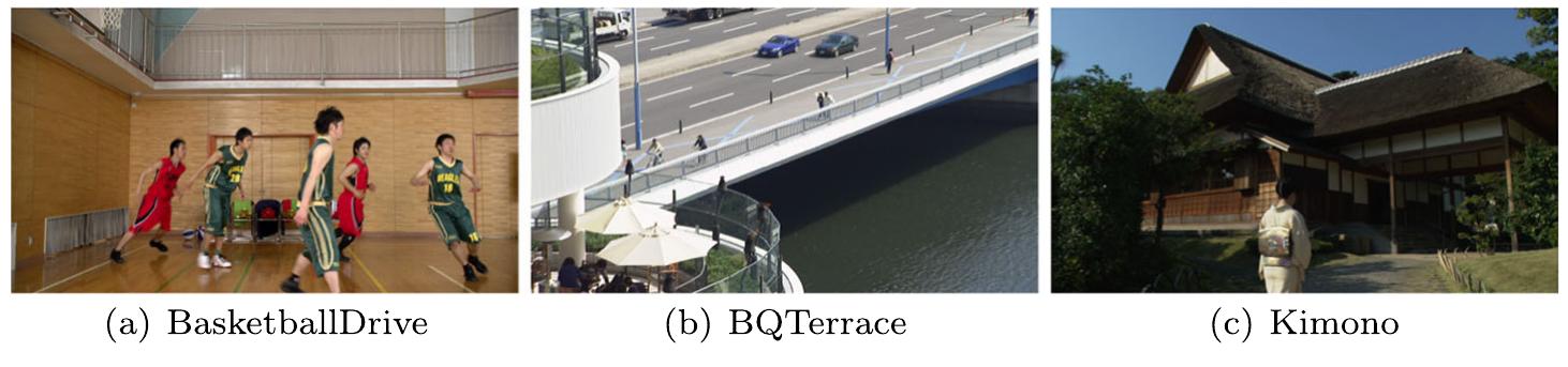 Fig. 1 Representative frames of each original video sequences  In terms of video characteristics, it is important to note that the BasketballDrive sequence presents a fast motion (camera and objects) but the scenario is constrained. Considering the BQTerrace sequence, it presents a medium motion (objects and camera) but the scenario is wide and varies. Finally, the Kimono sequence is a slower motion sequence, which does not 
