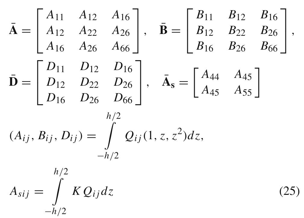 A, D, Band As represent matrices of extensional stiff- nesses, bending stiffnesses, bending-extensional coupling stiffnesses and transverse shear stiffnesses, and are defined 