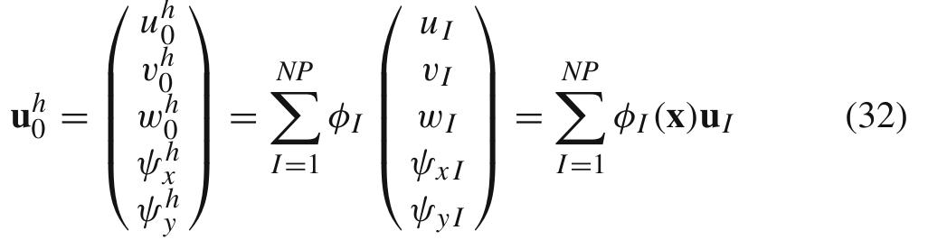 Substituting Eq. (32) into Eq. (31) and taking variation to the energy functional yield the equilibrium equation  ‘he discrete nodes are generated freely on the x — y space in he parametric coordinate system. The nodal representative lomains based on Delaunay triangulation are obtained on he x — y space. For a shell panel domain discretized by set of nodes x7, 7 = 1,..., NP, the approximations of isplacements and rotations of the mid-plane of the panel re expressed using RPIM shape functions as 