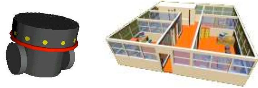 This therefore provides two environments: the real world and its Virtual Reality (VR) representation. A series of systematic tests have been conducted and examples of these are presented in the following subsections.  Figure 3: Virtual reality model of a robot & the PRISM Research Laboratory 
