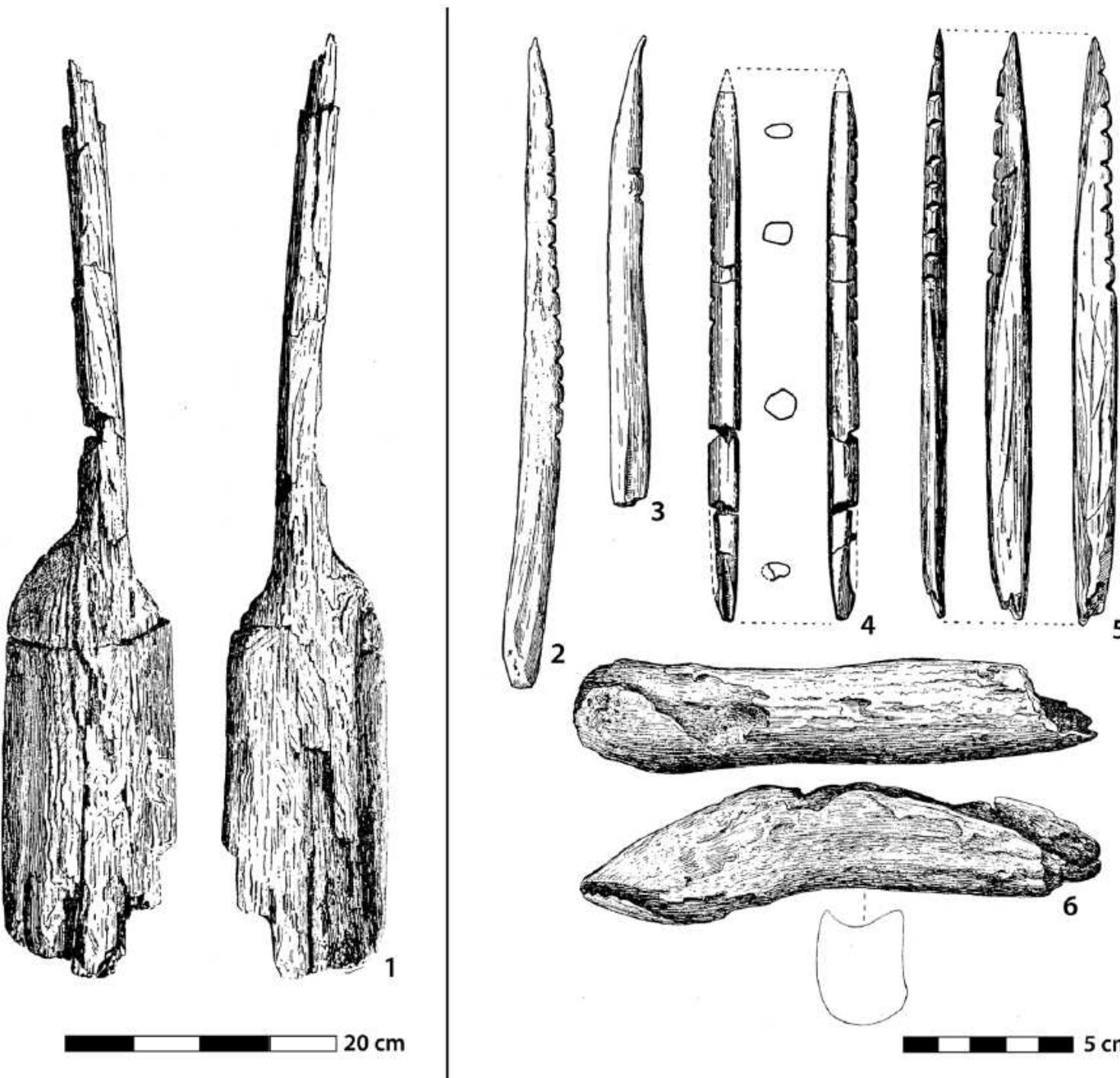 Figure 7. Different organic artefacts from Duvensee WP | and 2: |: paddle; 2-5: bone points 6: antler axe blade. |—3:VWP 2 (after Schwantes 1939); 4-6:WP I (after Schwabedissen (1949). 