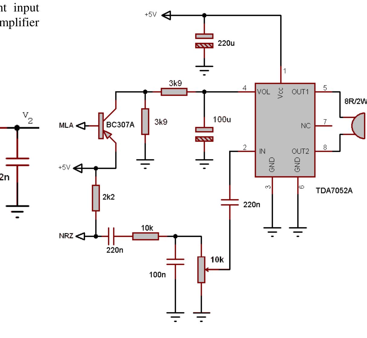 The circuit in Figure 18 is a complete CVSD decoder which combines the syllabic filter, logarithmic amplifier, pulse amplitude modulator, reconstruction integrator and the power amplifier. It needs a single 5V supply. 