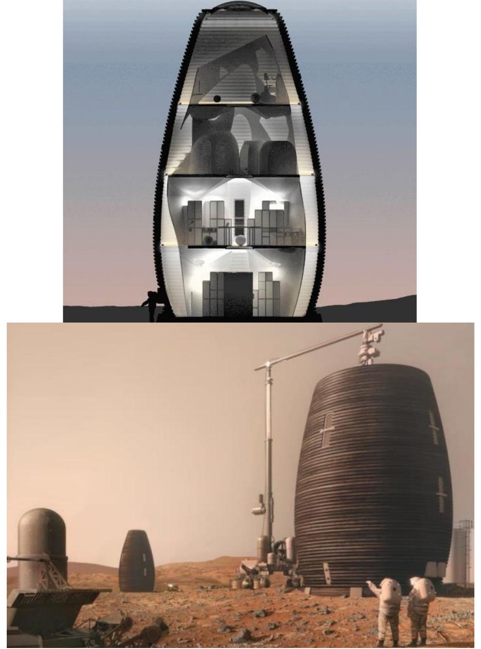 Fig. 8: (a) on the left side Marsha 3D printed pod section for the 3D printed pods on Mars, self- sufficient pods that are fully isolated from the external environment, works in a pandemic. (b) on the right side a full perspective for the 3D printed pod (Source: Archdaily) 