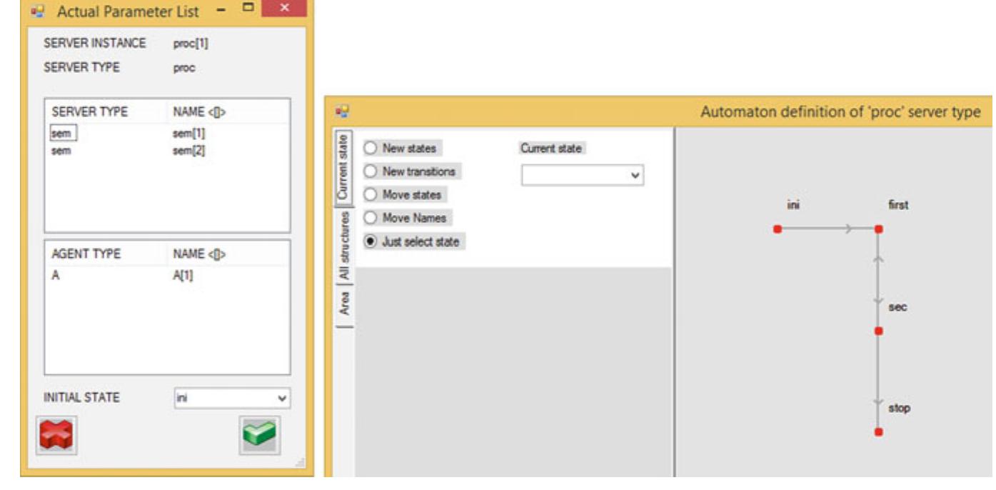 Fig. 6.3 Definition of actual parameters and initial state of a server (left) and graphical server design (right) 