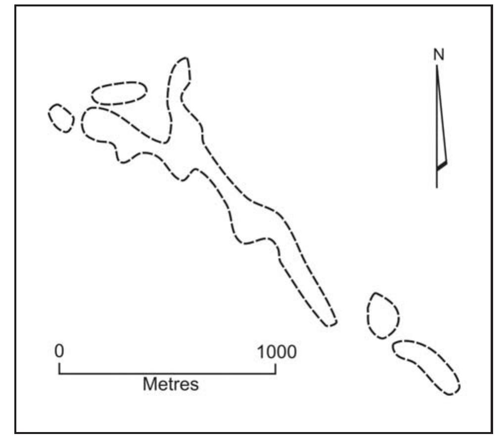 Figure 9. Geometry of the Daisyfield kimberlitic ilmenite-garne anomaly as defined by grid loam sampling. Heavy mineral counts drop off sharply across the margins of the anomaly. Note the bifurcation of the anomaly to the northwest. The anomaly is oper  to both the northwest and southeast. 