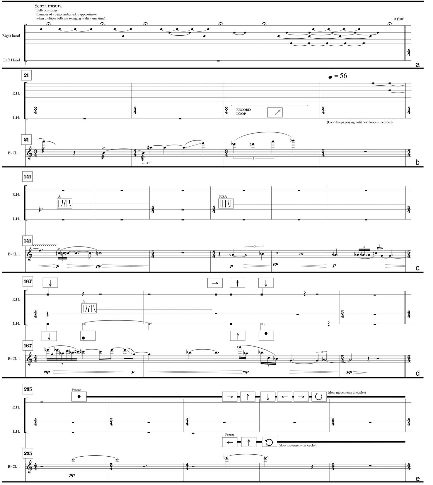 Figure 3 Notational system employed by the composer to indicate the control of electronic effects through bell motions or hand gestures, and for playing the bells: (a) m. 01, (b) mm. 21-24, (c) mm. 141-144, (d) mm. 167-170 and (e) mm. 235-239. Extracts repro- duced with kind permission of C.F. Peters Leipzig—London—New York © 2015. 