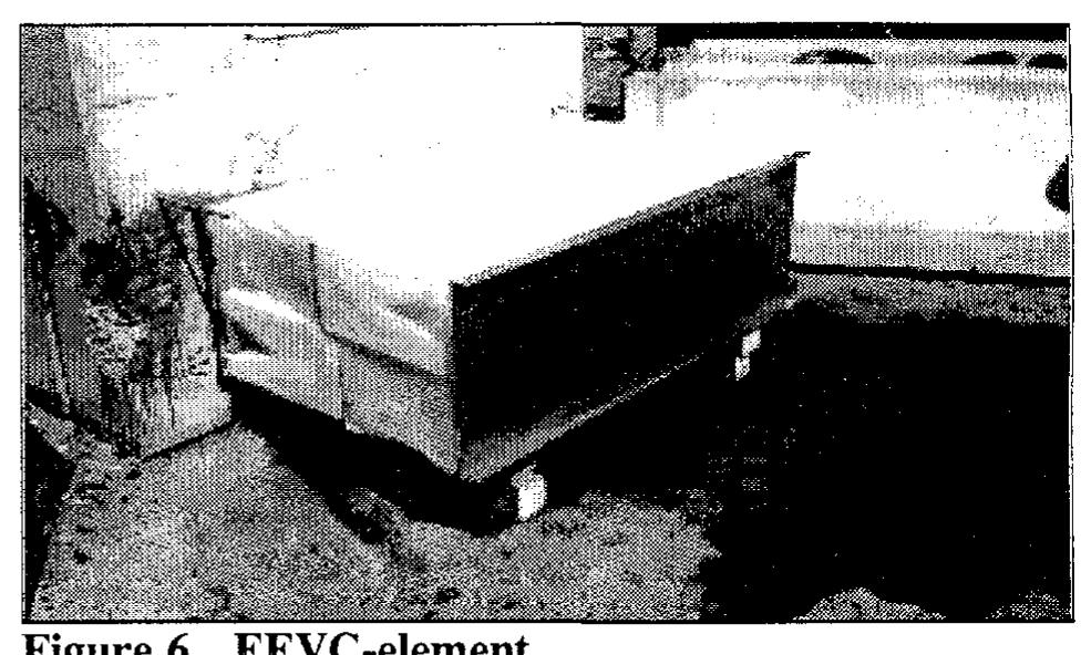 The element (dimension 0,94 x 1,50 x 0,50 [m])} was impacted by a Ford Escort with an impact speed of 80  km/h. The mean deceleration was 166 m/s* with a peak value of 32 g (see Appendix).  The steering wheel and the pedals were displaced, the dashboard twisted, also the base plate was deformed and the seats had a frontal inclination. A dent on the roof near the B-pillar and front axle deformations could be observed and the front door opened only by large forces. 