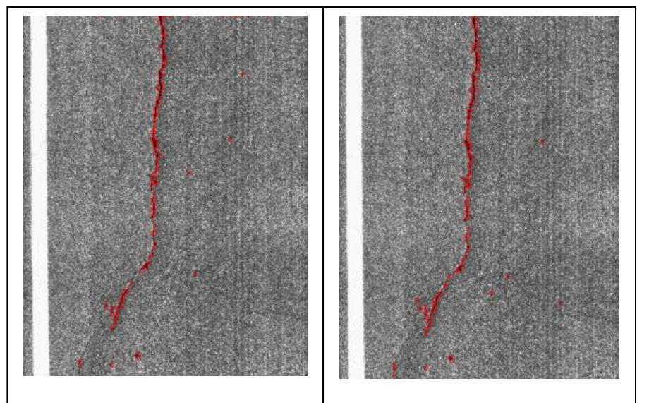 Fig. 10. Left: manually selected Gabor filter extracted crack, Right: crack extracted by optimized Gabor filter 