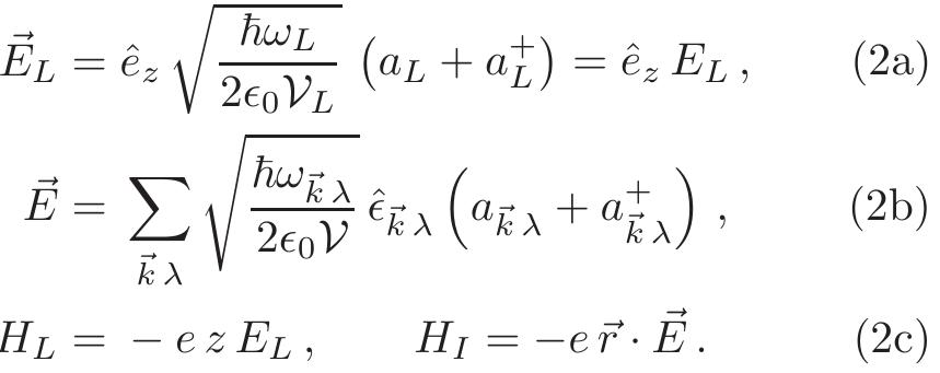 Here, the normalization volumes are Y for the quantized field, and Vz for the laser field. We can write  erence state, leading to a transition to a state |d,-) = dm, nt — 1,0), provided hw, = E, — E, where E is the atomic reference state energy. However, when the absorption of a laser photon is accompanied by the spon- taneous emission of another photon, then a transition to a final state |@f) = |¢,nz — 1,1g,) becomes possible, where the laser fields retains nz — 1 photons, while one photon is emitted into the mode kA (the state is [1g ) in the occupation number notation). The imaginary part of the ac Stark shift due to the diagrams in Fig. 2 is due to the dipole interaction H,;, (z-polarized laser) and the interaction Hamiltonian Hy, (other field modes),  