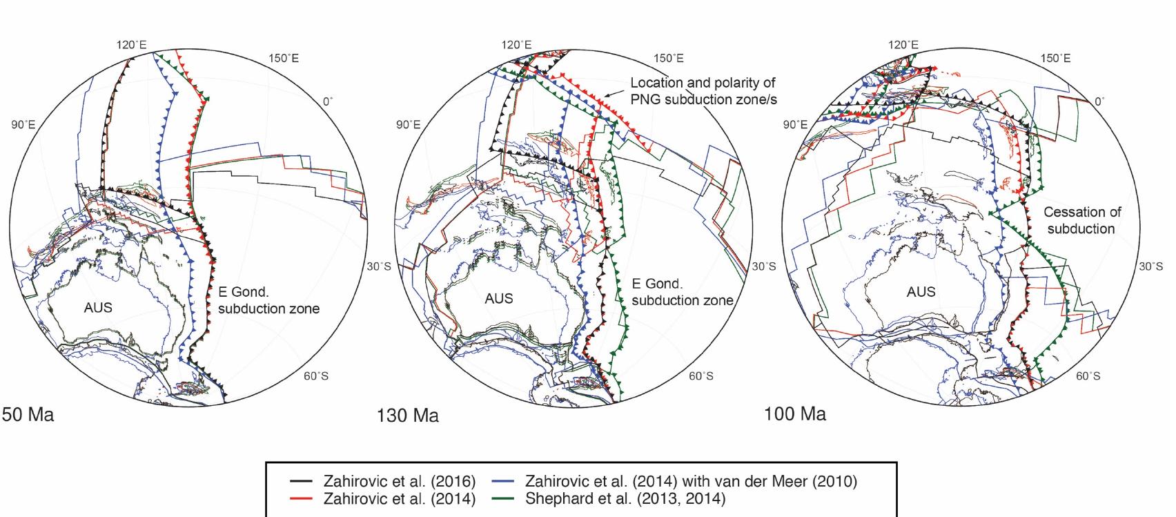 Figure 4: Alternative plate reconstructions used in our geodynamic models. The key differences in these reconstructions are in the longitudinal position of the East Gondwana subduction zone in the Cretaceous, and the evolution of the plate boundaries in the New Guinea region since the latest Jurassic. 