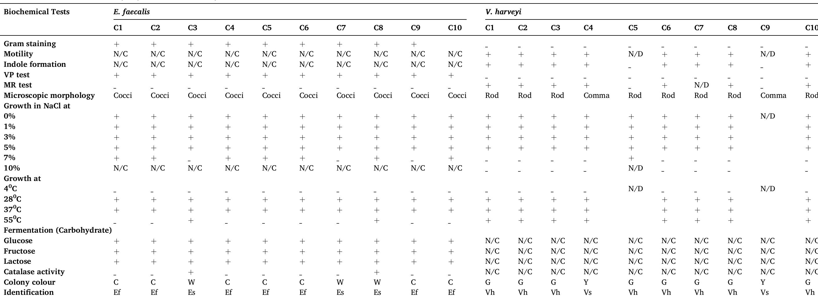 Biochemical tests used to identify E. faecalis and V. harveyi. 