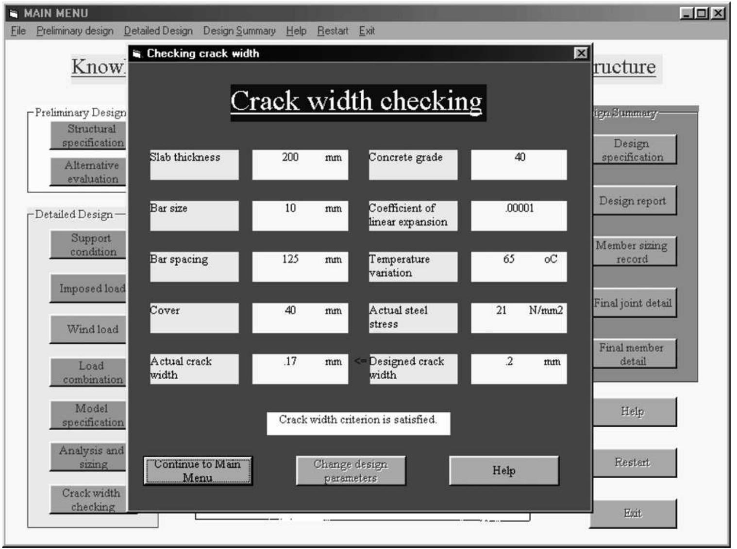 Fig. 8. Screen showing crack width checking in accordance to BS 8007. 