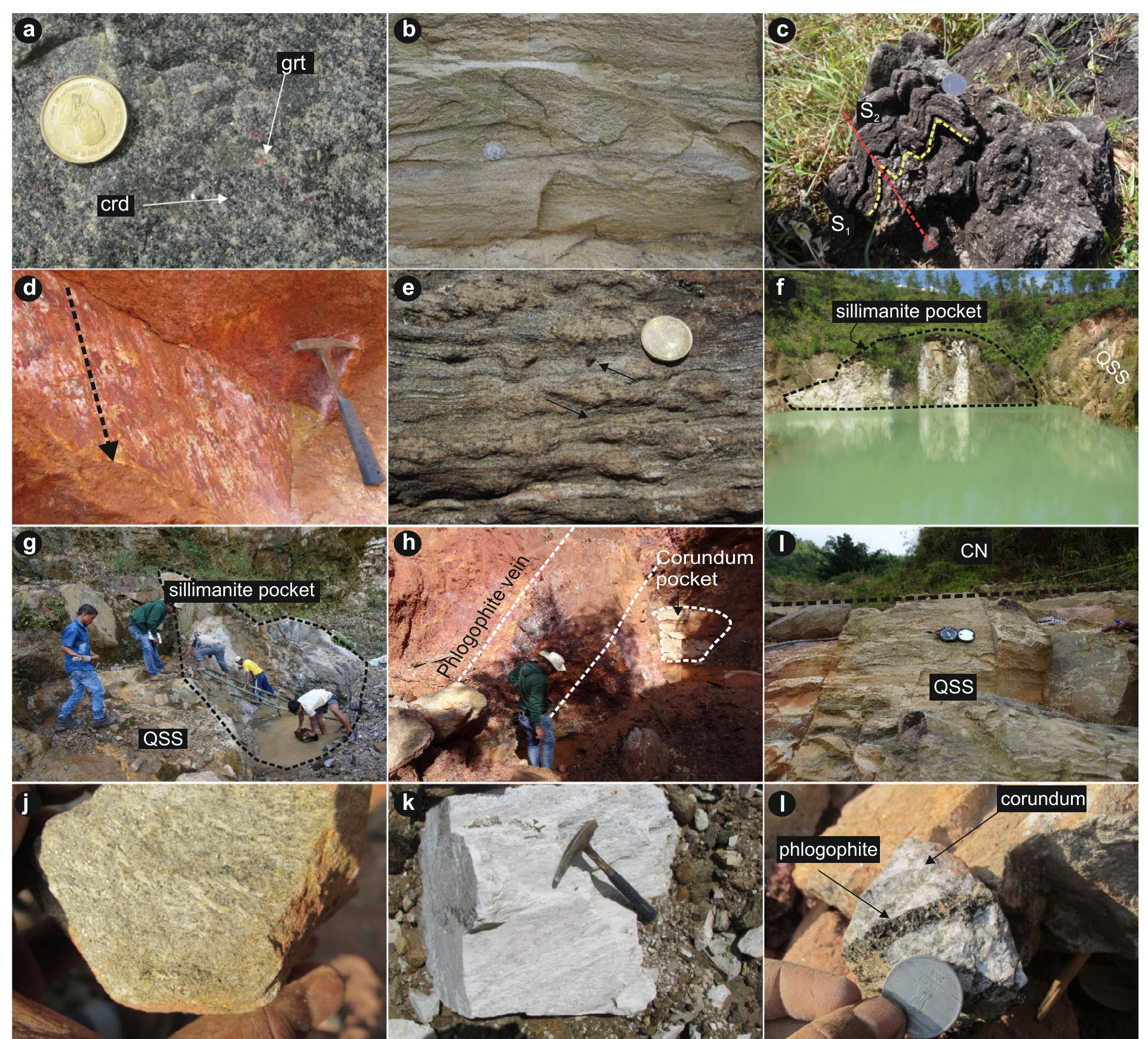 Figure 3. Field photograph showing (a) fresh exposure of bluish dark cordierite gneiss; (b) quartz sillimanite schist: (c) mesoscopic F folds within cordierite gneiss where S, is folded to close, moderately plunging upright fold; (d) down-plunging stretching lineation within the sillimanite bearing schistose rock; (e) sheared cordierite gneiss where the asymmetric cordierite porphyroblasts showing sinistral movement; (f) sillimanite pocket within host quartz sillimanite schist; (g) quarry of 6 mt wide sillimanite pocket mined by local people; (h) thick biotite (phlogophitic) rich vein crossing adjacent to corundum bearing pocket: (i) contact between quartz sillimanite schist and cordierite gneiss indicate the primary bedding; (j) close photograph of fresh sillimanite-spinel bearing rock; (k) boulder of fresh sillimanite bearing rock from the quarry; and (1) hand specimen sample o: corundum bearing rock intruded by phlogophite bearing vein. 