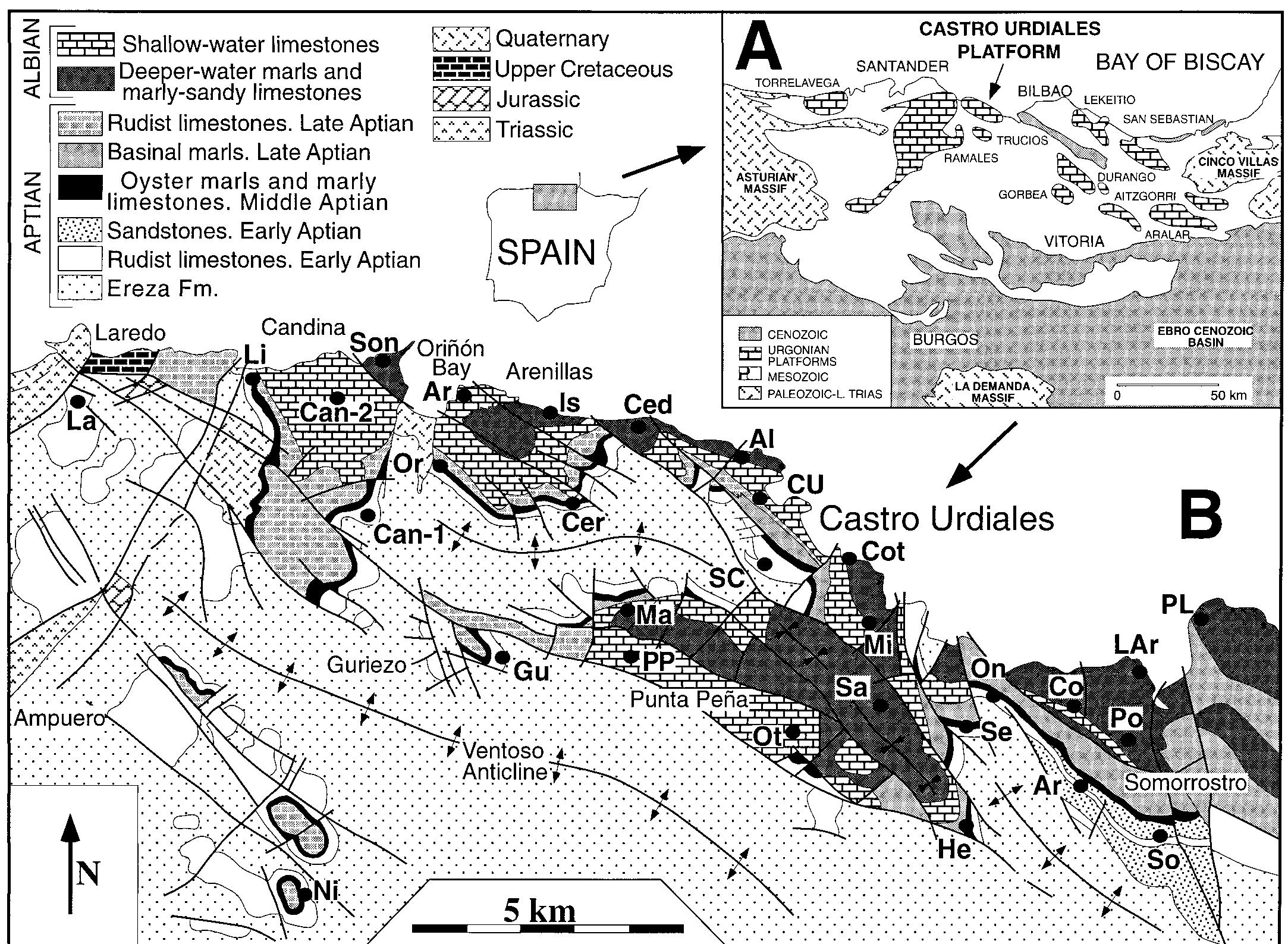 Fic. 2.—A) Simplified map of the Basque Cantabrian basin. A ptian-Albian carbonate outcrops are shown as ‘‘Urgonian platforms’’. Arrow indicates study area. B) Geological map of the study area showing distribution of facies and structural features. Location of measured sections are indicated by filled dots (Ni, Pico de las Nieves La, Laredo; Li, Liendo; Son, Sonabia; Can-1, Cana Can-2, Candina 2; Or, Orindn; Ar, Arenillas; Cer, Pico Cerredo; Gu, Guriezo; Is, Islares; Ced, Cerdigo; PP, Punt Petia; Ma, Montealegre; SC, Sagrado Corazon; Al, Allendelagua; CU, Castro Urdiales; Ot, Otanes; Sa, Samano; Mi, Miofo; Cot, Cotolino; On, Onton; Se, Setares; He Helguera; Ar, Arenao; Co, Cobardn; Po, Pobefia; So, Somorrostro; LAr, La Arena; PL, Punta Lucero). 
