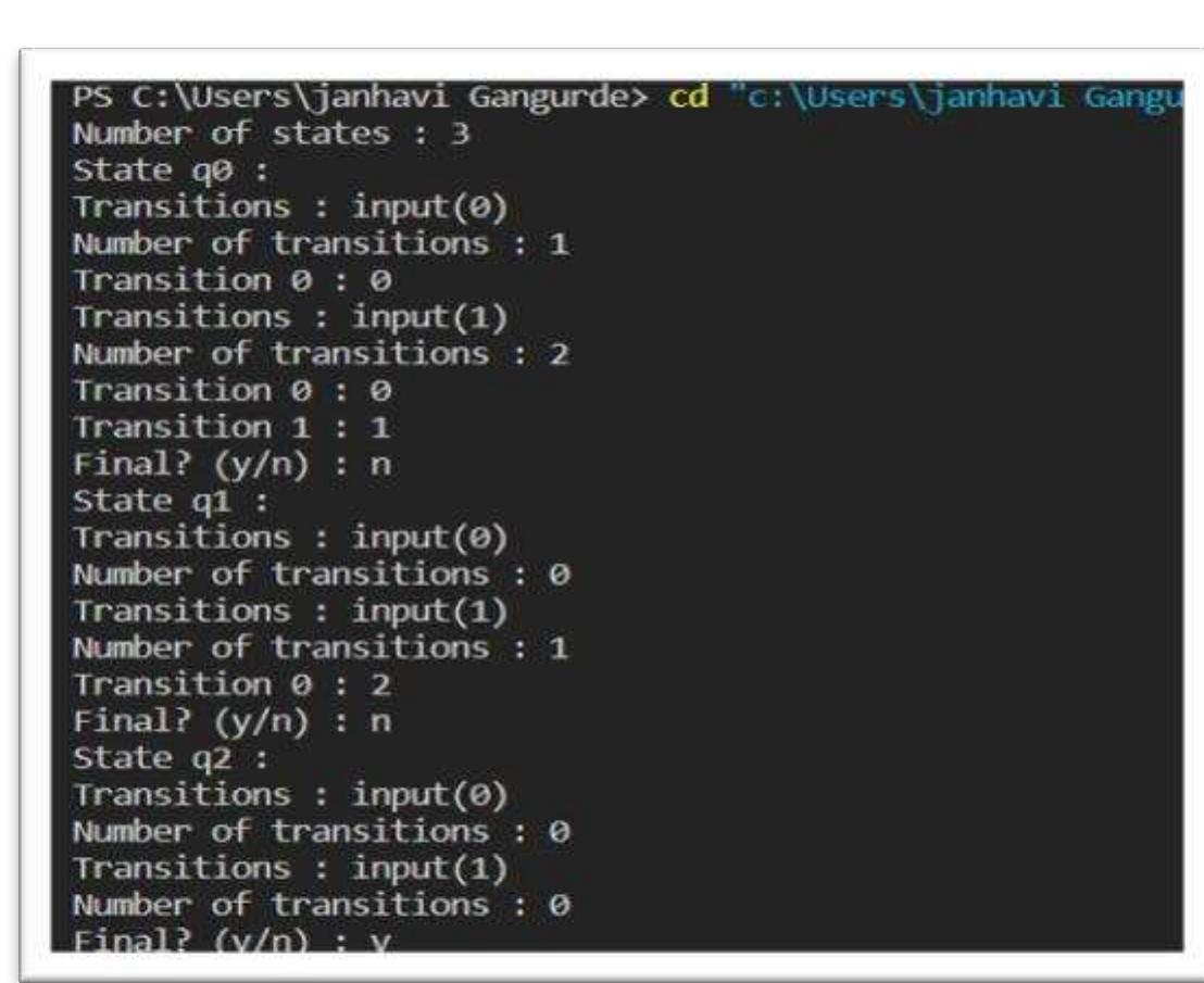 The given snapshot depicts the input provided such as the total number of states ,number of transitions ,transition  states obtained on the given input ,checking if the state is a final state ,etc 