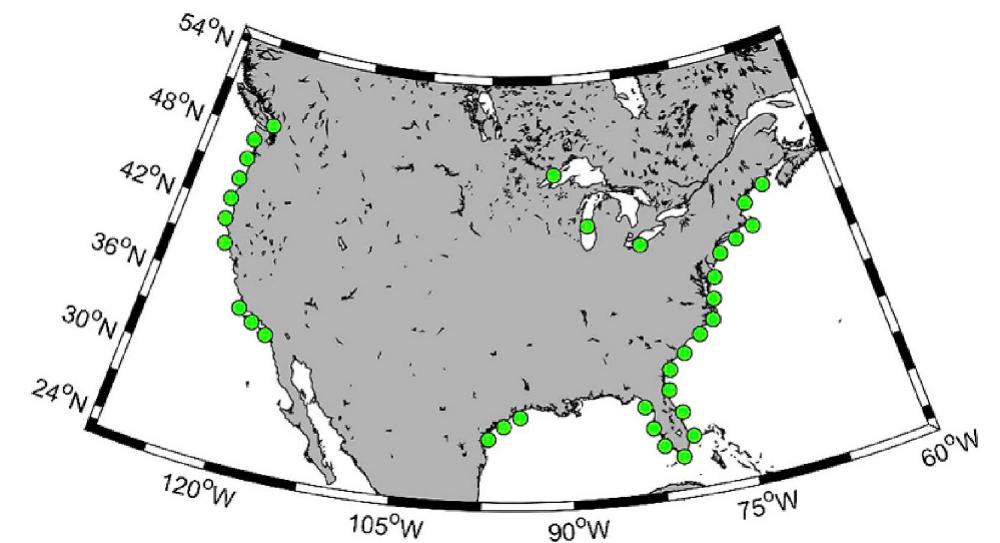 Fig. 7. Map showing all the offshore locations considered in the analysis of wind resources in the CONUS region in the present climate. 