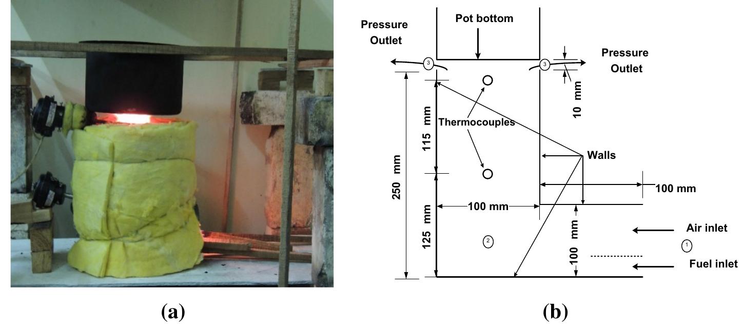 Fig. 1 a Actual experimental set-up, b schematic sketch of the experimental set-up with boundary condition  An experimental set-up was designed and installed to conduct experiments on natural draft biomass cookstove as shown in Fig. la. The schematic sketch of the experimental set-up with the dimensions of the rocket biomass cookstove used for the work is as shown in Fig. 1b. The stove insulated with ceramic wool was kept on a calibrated weighing machine ranging from 0  stove insulated with ceramic wool was kept on a calibrated weighing machine ranging from 0 