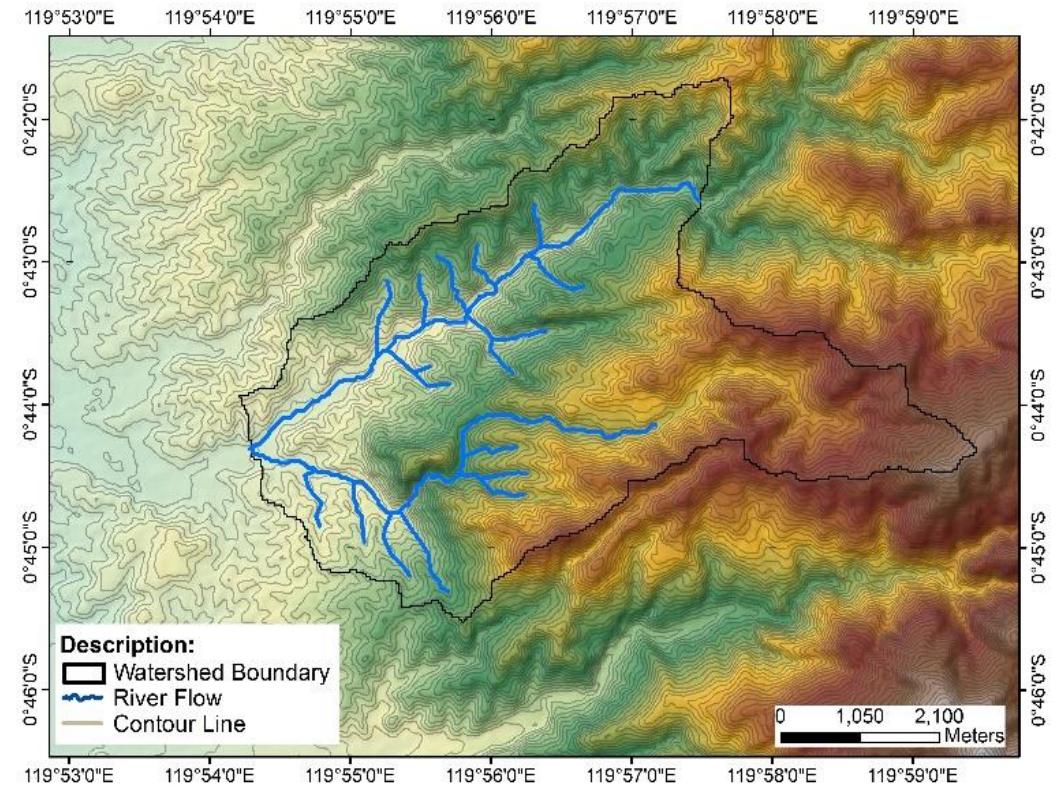Administratively, the Upper Tawaeli watershed is part of the Tawaeli District of Palu City in the downriver part, while upriver the watershed is included in the Tanantovea District of Donggala Regency. This watershed has an area of approximately 3453,188 Ha which is located between 119°53'30” to 119°59'10”E and 0°41'30” to 0°45'30” South Latitude, which is an area with a slope that varies between 8 % to 72%. The contours of the Upper Tawaeli watershed area can  be seen in Figure 2.  Figure 2. Topographic map of the Upper Tawaeli Watershed area 
