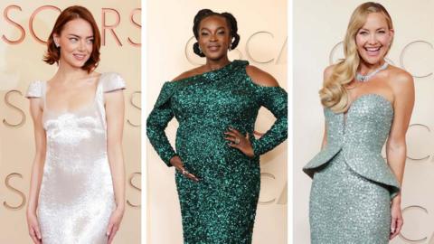 A composite image shows Emma Stone on the right, Wunmi Mosaku in the middle, and Kate Hudson on the right, all in eye-catching dresses at the Oscars red carpet.